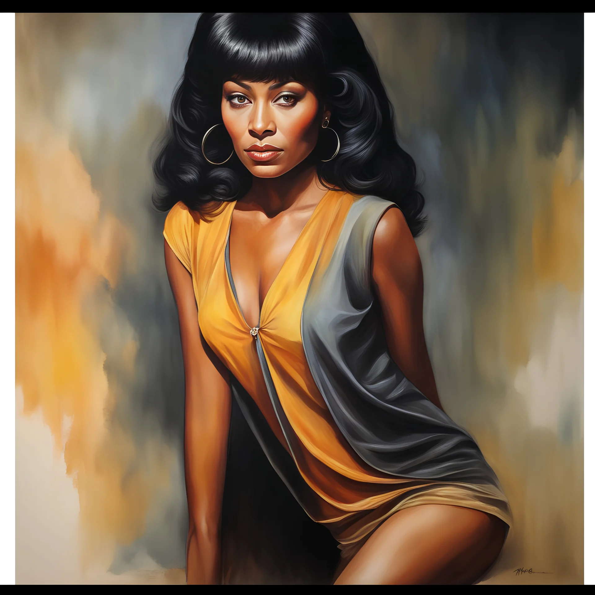 Uhura, Facial Portrait, dark, multicolored watercolor stained wall in the background, oil painting in the art style of Boris Vallejo, 32k UHD, Hyper realistic, photorealistic, realistic, sharp, highly detailed, professional quality, beautiful, awesome, majestic, superb, trending on artstation