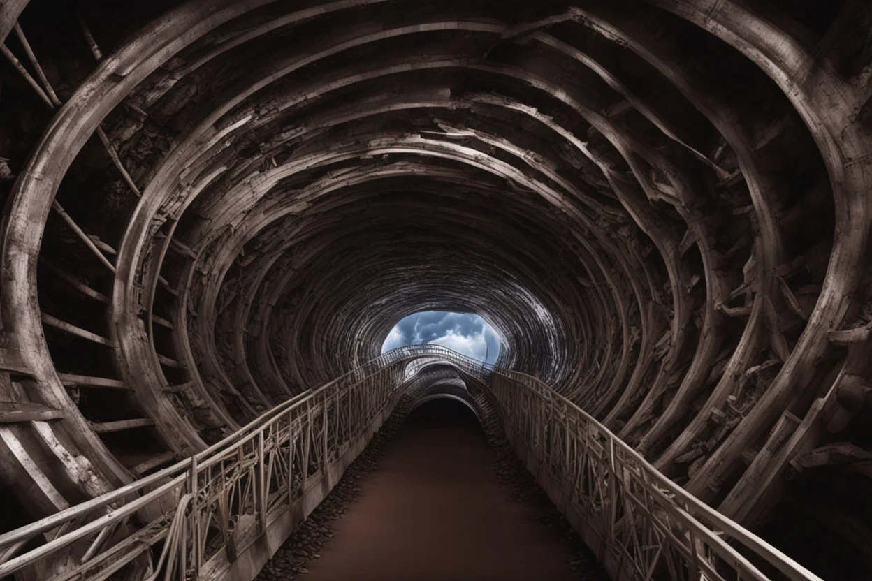 Roller coaster cars coming down a large decline going into a scary looking tunnel with a surreal mouth painted around it, photographic, grand, HD, kinetic