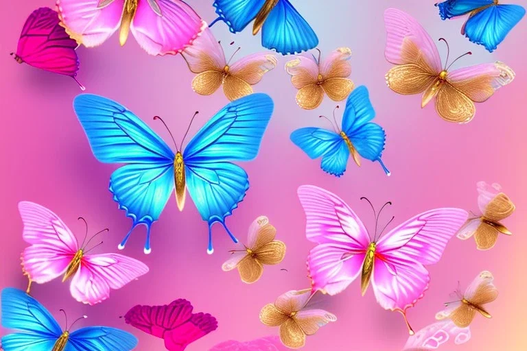  gold background, rise of soft transparent blue and pink butterflies