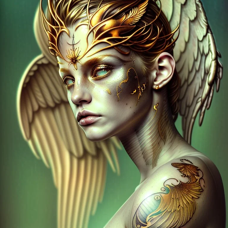 white background, golden Angel, tattoo, feathers, steampunk, fantasy, old canvas, torn cracks, flowers, cyberpunk, gold, silver, green lilac color, mystical, glow, golden makeup, fine drawing, high detail, high resolution, 8K, 3D, Daniel Castan Carne Griffiths Andreas Lee Russ Mills