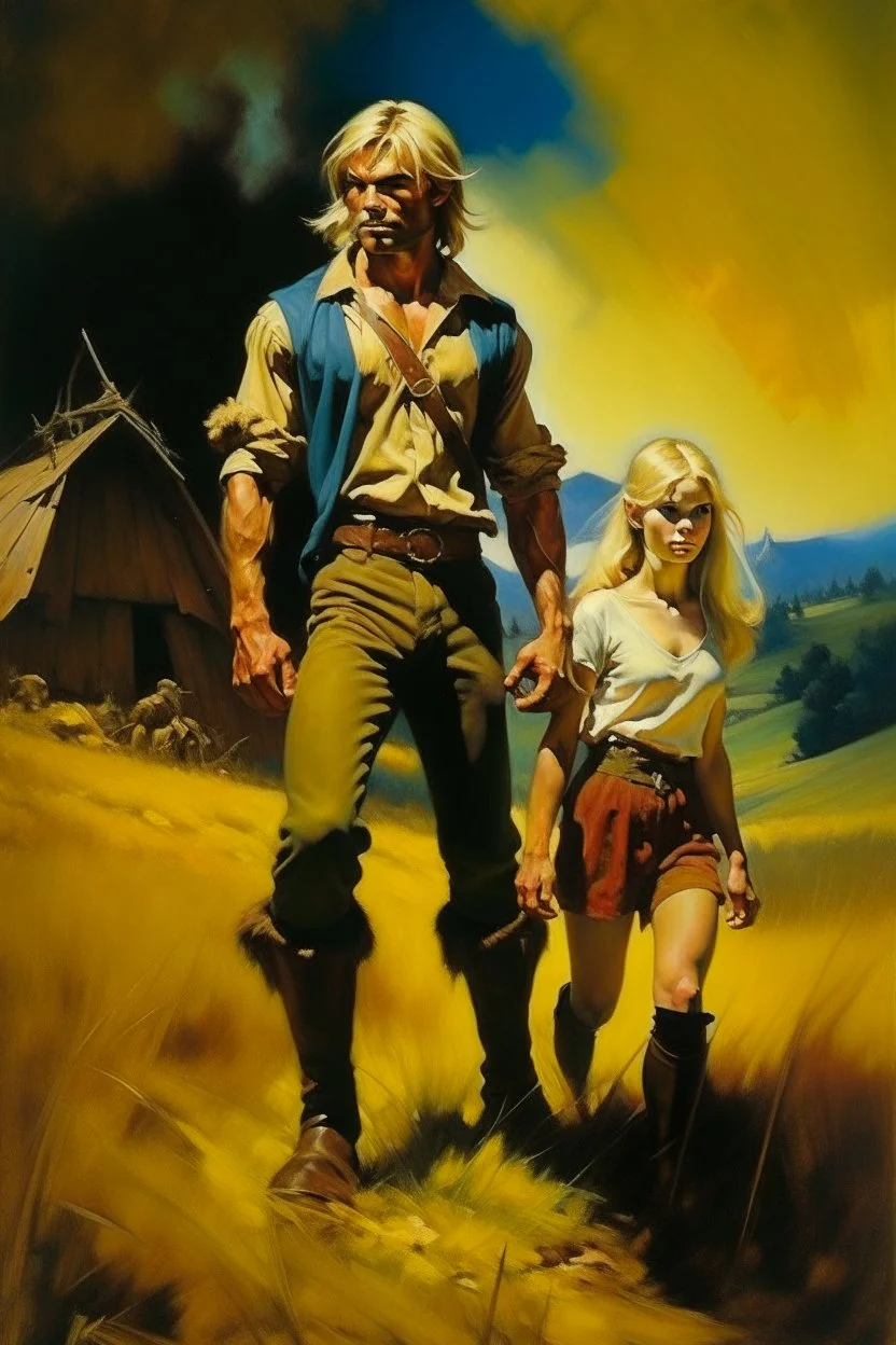 1970's dark fantasy cover dnd style oil painting of a hobo skinny medieval farmer entrepeneur blonde man with sport outfits with minimalist far perspective. Magazine.