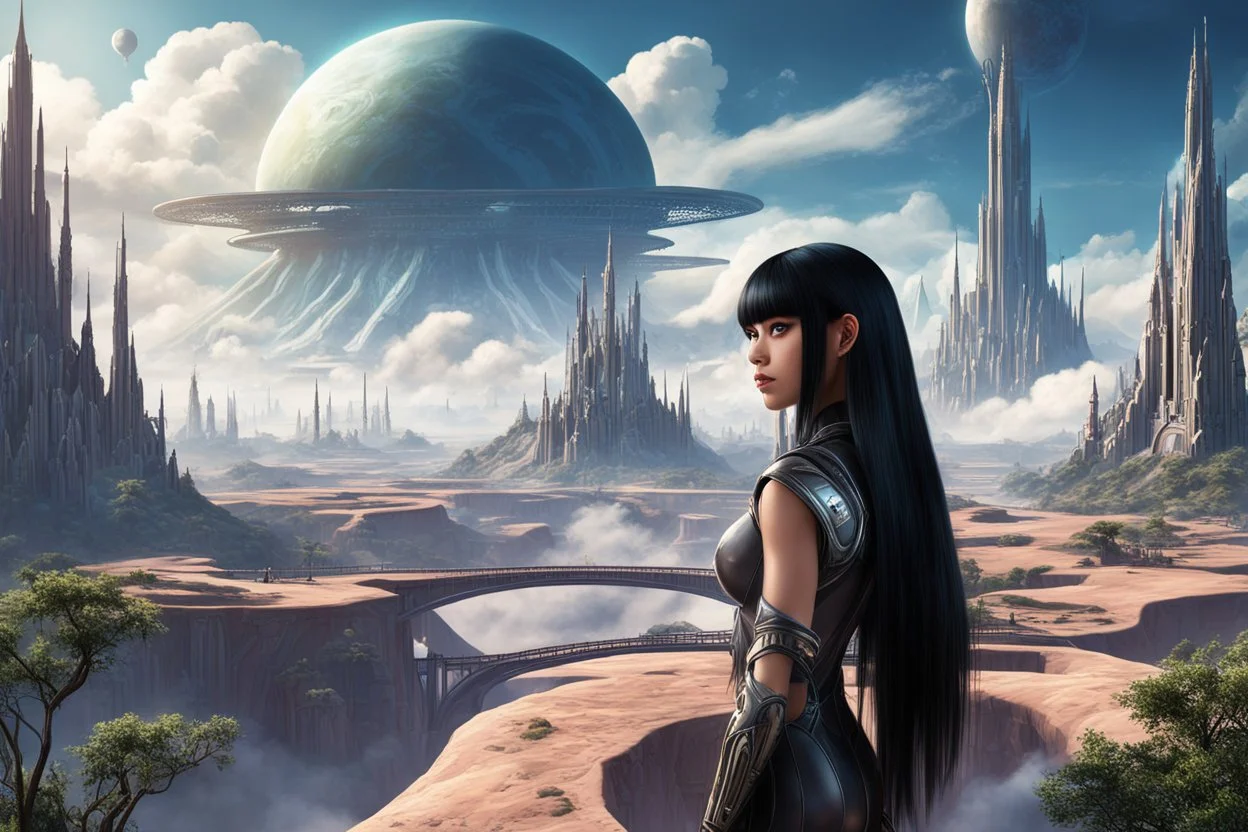 exotic slim sci-fi girl, with long dark hair with bangs, on an alien planet with cloud trees, tall spires, buildings, bridges, arches, photorealistic