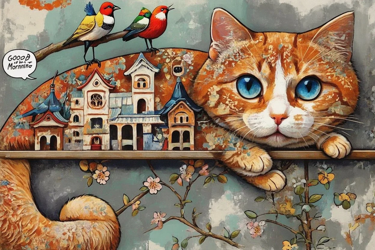 An orange cat with blue eyes, adorned with intricate patterns and stylized buildings paints, hangs precariously from a floral-patterned board, against a mottled gray-green background. It looks directly at the viewer while a speech bubble above its head states "Good Morning". Three stylized birds in various colors and patterns stand on the branch and board above and below the cat, whimsical, expressionist painting, diswashed, Aging effects, Ogata Kōrin style.