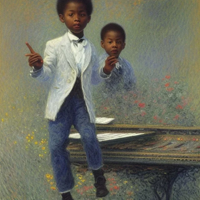 African American baby boy musician with black piano modern art by monet