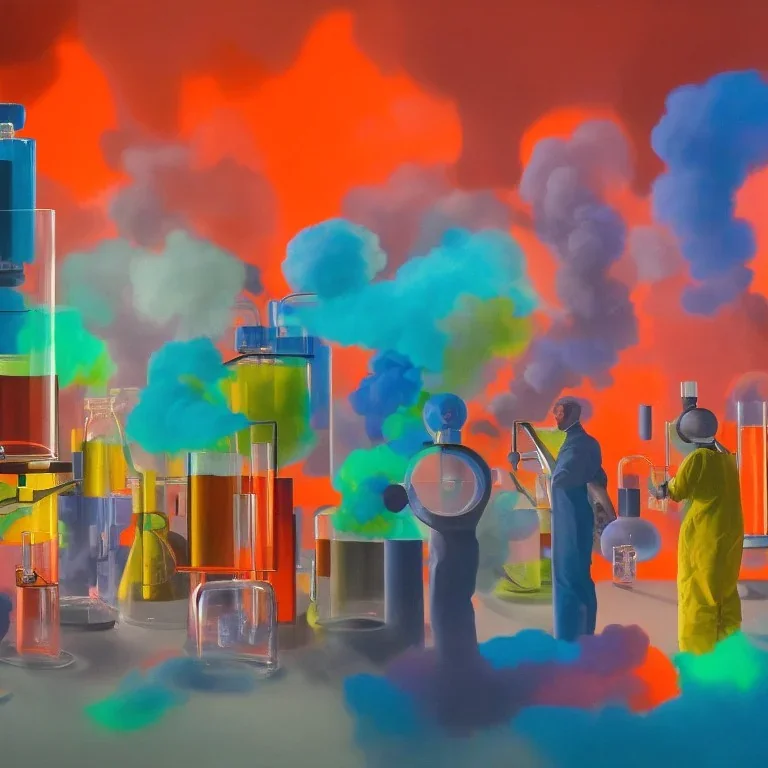 group of scientists is in the laboratory. invent new colors. smoke rises from multi-colored glassware. they are wearing overalls. color swatches in the background. hyperdetailed, orange and teal, warm colors, detailed painting, photorelistic, oil on canvas, light dust, futuristic. volumetric lighting