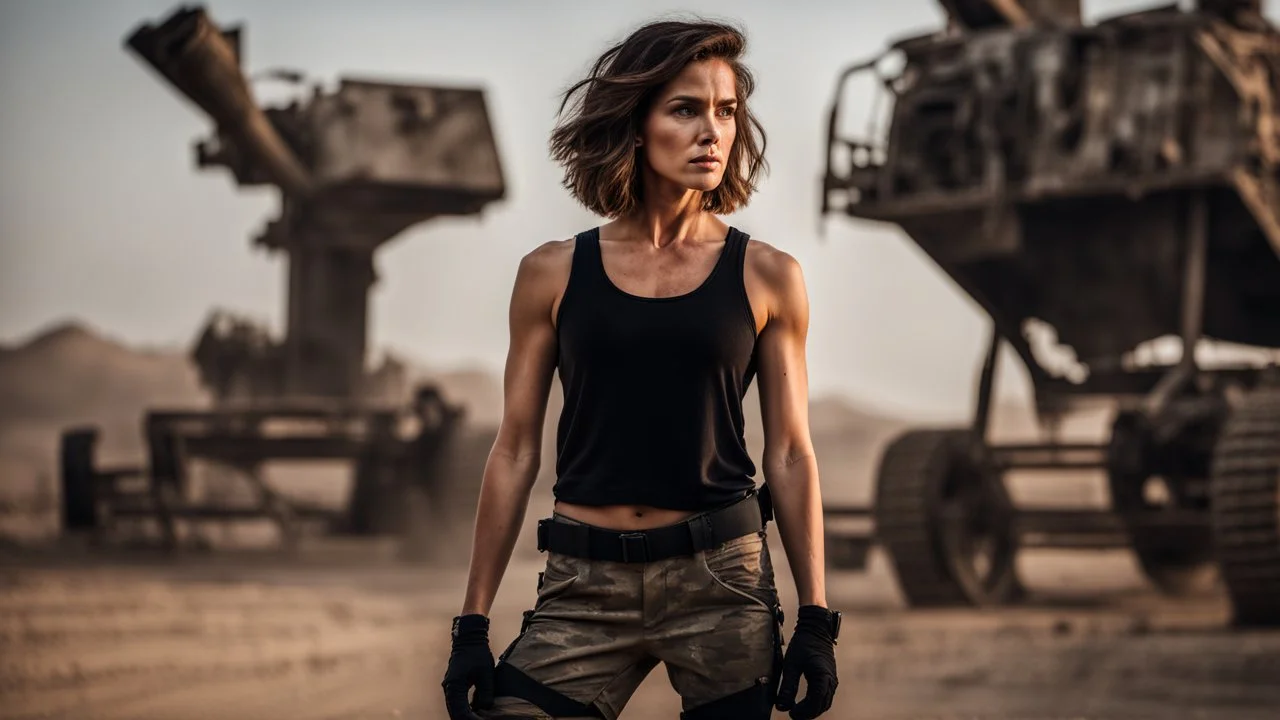 beautiful slender caucasian female technician with a knife, black tank top, well toned muscles, weathered face, scratched sand camo metal details, short brunette wavy bob haircut, dystopian, desert scene with smoke and explosions