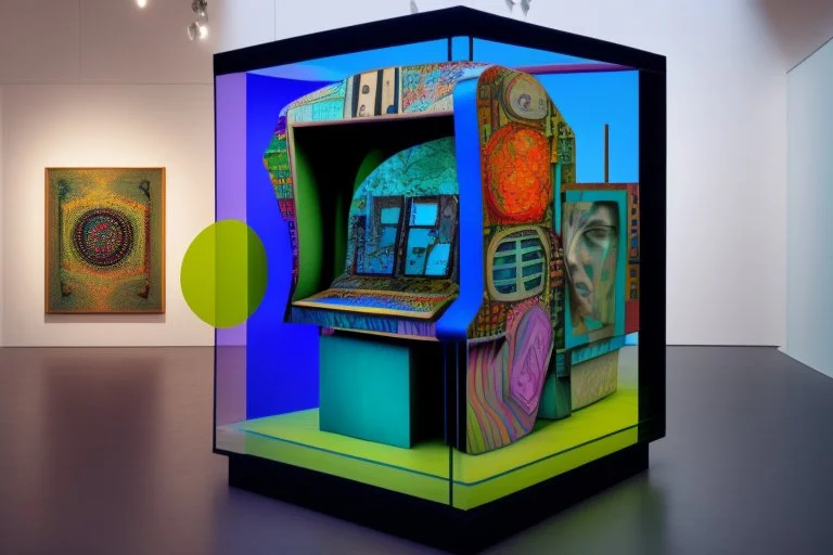 teleport machine in glass box in gallery in the style of Eileen Agar