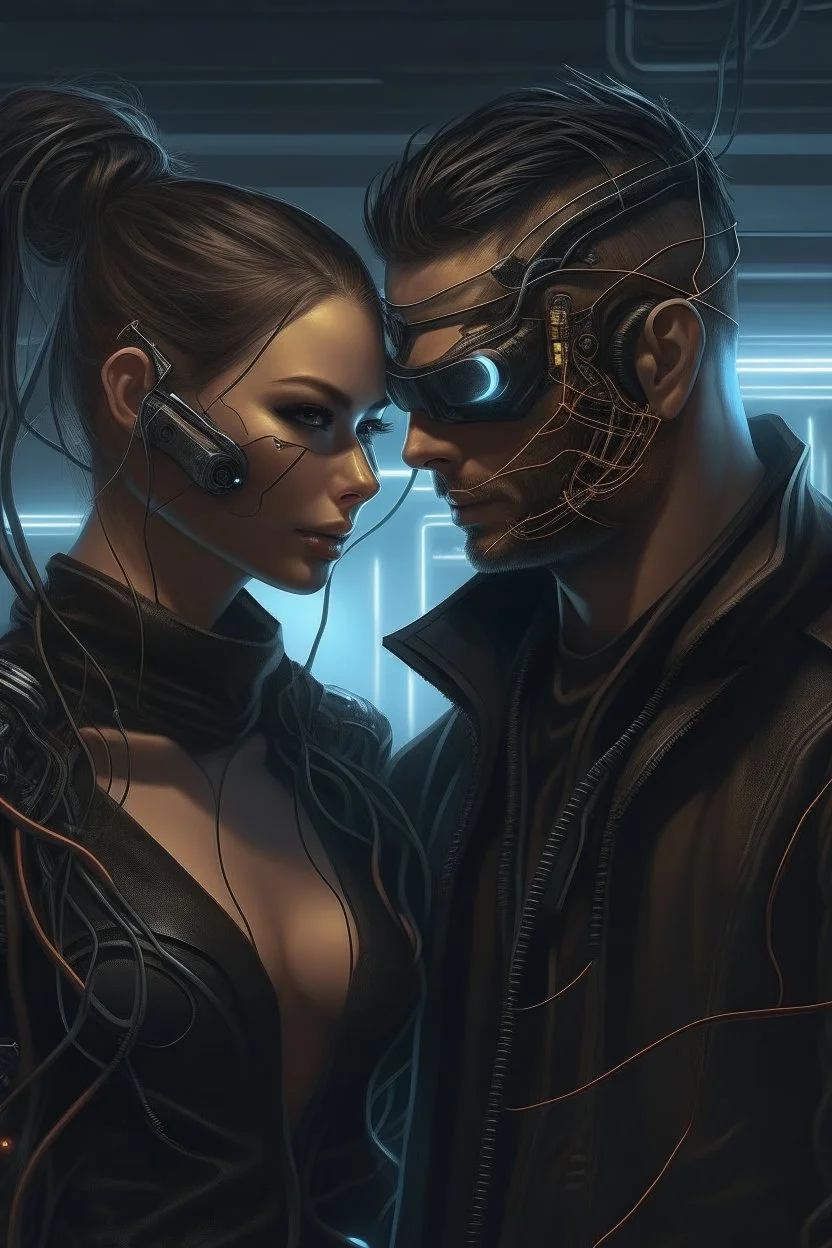 a handsome cyberpunk man wearing a mask connected by wires with a beautiful cyberpunk woman