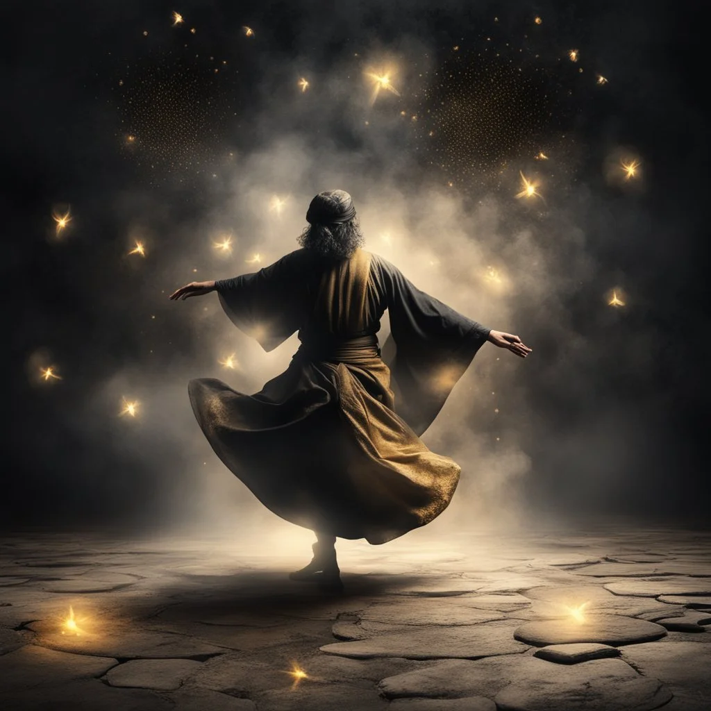 Hyper Realistic Sufi Whirling on stone floor with black & Golden Islamic Sufi Rustic Grungy Background with heavy fog & fireflies at dark night