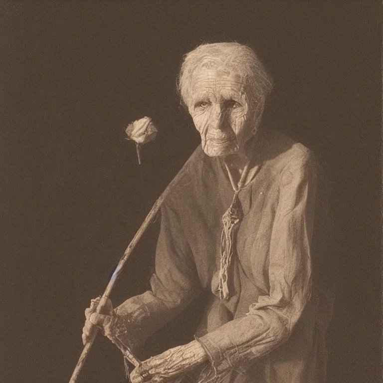 Portrait of a withered old witch with walking cane