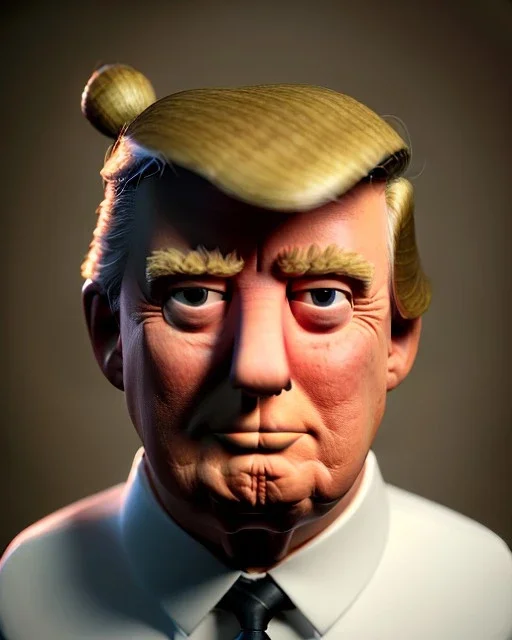 Waist up Portrait, Donald trump muppet, Wes Anderson style, photo studio, unreal engine 5, god lights, ray tracing, RTX, lumen lighting, ultra detail, volumetric lighting, 3d.