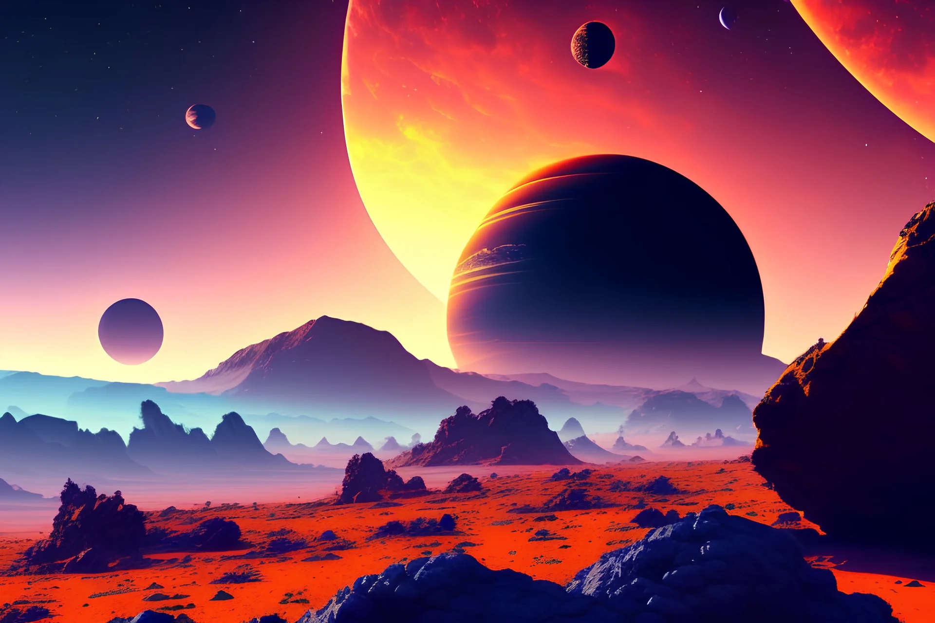 one distant exoplanet in the horizon, rocks, vegetation, epic art, sci-fi, movie wallpaper