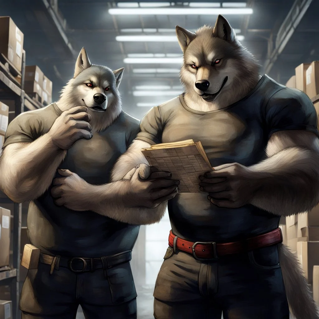 a chubby anthropomorphic wolf-man wearing t-shirt pants and red belt around his waist looking at several item lists in his paws in a large warehouse, around some boxes and wooden crate, an another anthropomorphic wolf-man just half visible in the doorway as he looks at him, detailed, realistic, sci-fi, anthro mood, fantasy