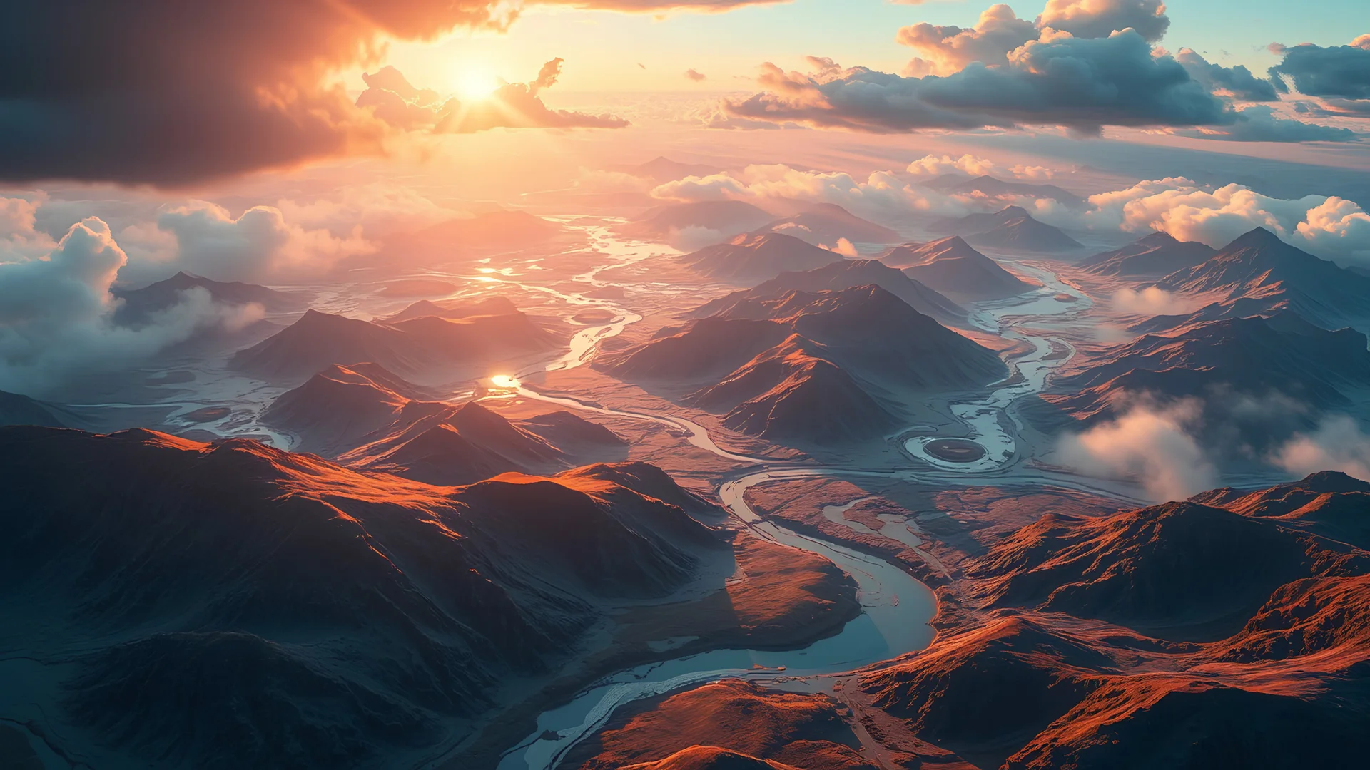 aerial view of a landscape made of oil that looks futuristic with futuristic lighting, realistic rendering, oil colors