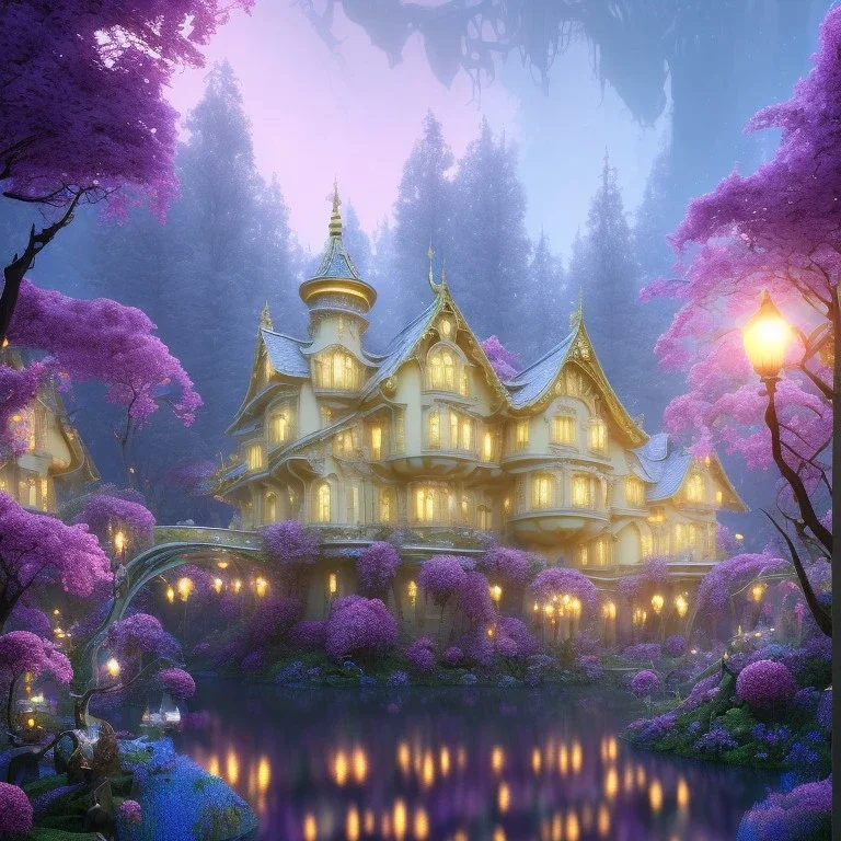 a magical flower yellow house in the woods, pink vertical, blue lake,sharp, vines, candlelit, endor, ornate, elegant, highly detailed, artstation, concept art, smooth, sharp focus, illustration, 8k, splash art, wallpaper, key visual