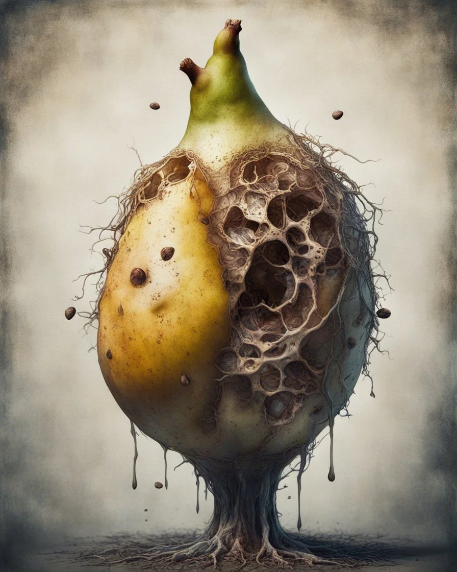 Grunge, woman as a decaying dried out Pear intricately showing its internal structure and seeds, cyberpunk, ultra unique natural textures, slight imperfections, vray. Modifiers: fantasy intricate dynamic lighting fantastic view hyperrealistic Unreal Engine matte background cinematic postprocessing VRay acrylic art pencil sketch creepy art station Gustave Klimt wet on wet watercolor Double exposure wet on wet Craig Rutkowski intricate fantasy