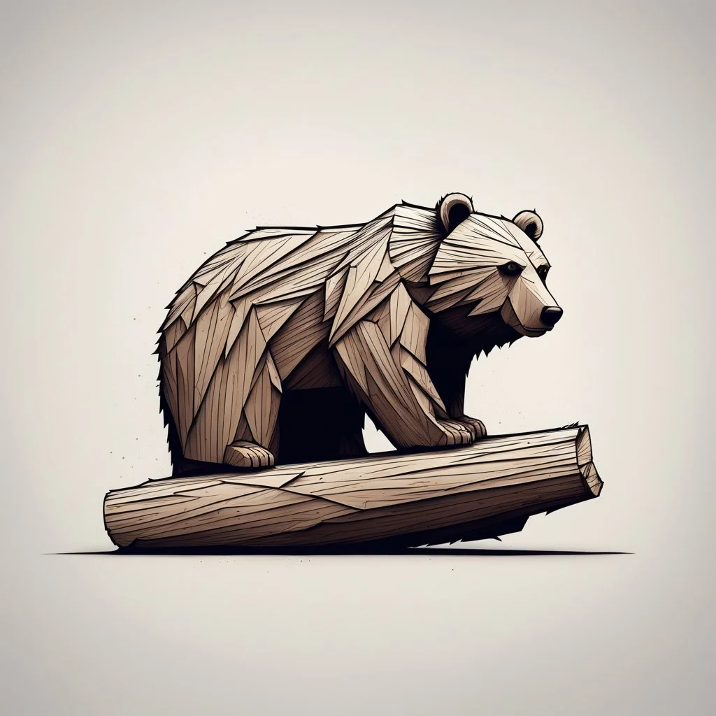 combine textured log with shape of a bear, graphic style, minimalistic,clean