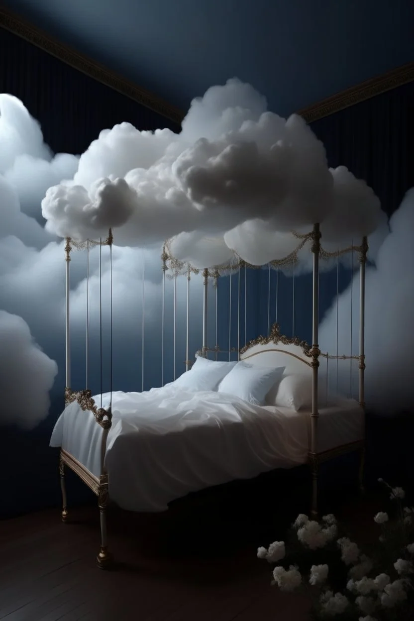 A bed made of clouds, tulle, organza, lanterns, ivy, flowers floats across the sky on a cloud ::above the bed there is a canopy made of long white tulle:: top view. The whole object is in the frame. a deep perspective. the panorama. ink drawing with a thin pen. In the style of Thomas Kincaid:: intricate, filigree. very pale pastel painting.