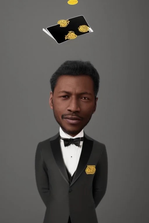 Dashing black man in a suit with gold trimmings. He's holding a deck of cards.