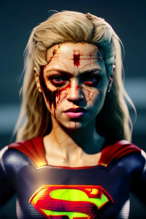 portrait, Shakira, make-up, angry, Realistic image, superhero, retro, supergirl, blood, sweat, fog, goddess. Black background, photo studio, concept art, smooth, unreal engine 5, god lights, ray tracing, RTX, lumen lighting, ultra detail, volumetric lighting, 3d, finely drawn, high definition, 4k.