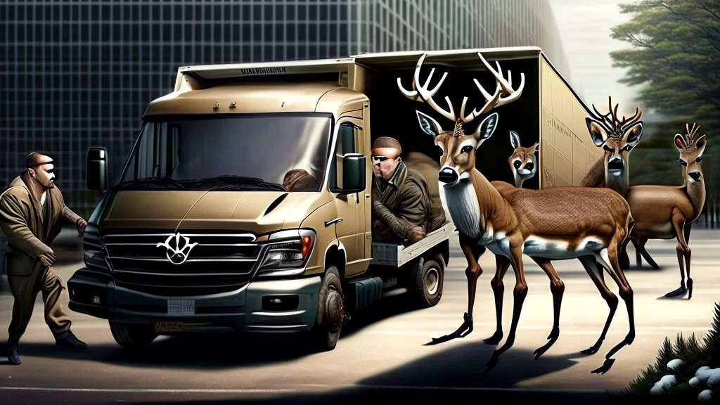 the deceased fawn's mobster like deer family raid the large moving truck company corporate complex using Human like Mafia style brute force