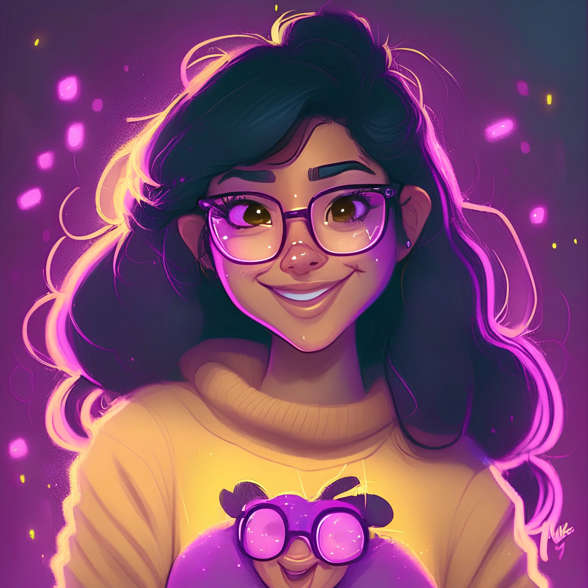 a Disney natural face girl with a full body image and flooded arms, with black hair, big brown eyes, a pink neon color Pullover, yellow lights background,, a smile on her face, symmetric face, glasses on like nerds more natural skin color, and some purple highlight around her hair