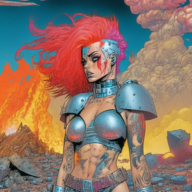 Pagina de revista estilo pulp. Una mujer egirl de pelo colorido con tatuajes fittnes en armadura plateada futurista en un estilo de comic de 1980 en un wasteland en montevideo con un volcan rojo. En la escena se la puede ver luchando ferozmente contra un lagarto.