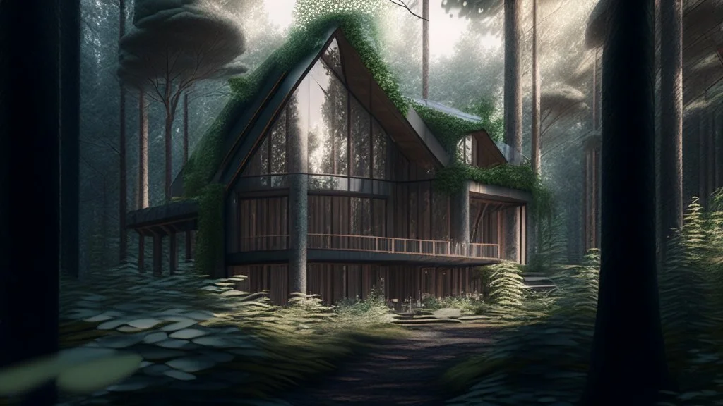 a house in the middle of a forest, a digital rendering by Afewerk Tekle, behance contest winner, photorealism, vray, vray tracing, photorealisticg