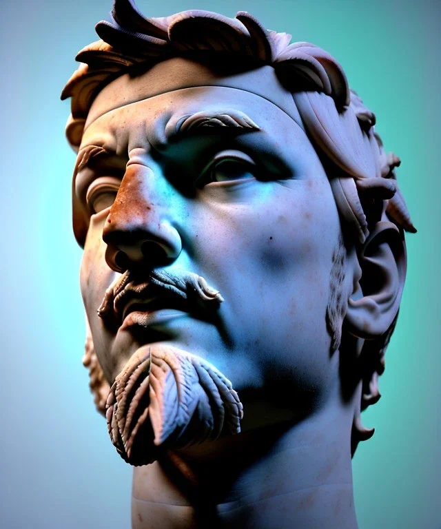 Ultra Realistic image, roman sculpture, marble deluxe material, Lionel Messi, Laurel leaves crown model, miguel angel style, chisel style, emperador, waist up portrait, cinematic lighting, God light, god rays, 4k resolution, smooth details, ornate details, soft lighting, unreal engine 5, soft cyan background.