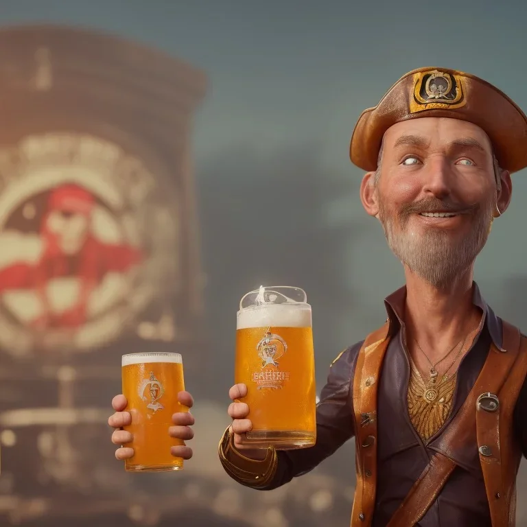 Ein Captain der Captain cidra heisst. Er hält ein Bier in der Hand. Er steht vor einem piratenschiff. Im Hintergrund sieht man Zitrusfrüchte