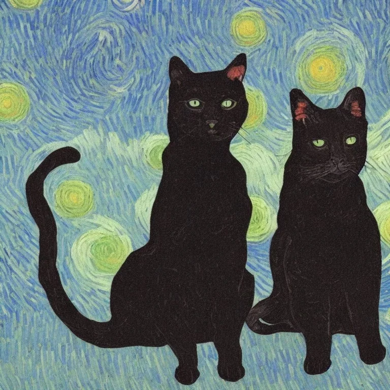 a van gogh painting with a gray cat and black dog