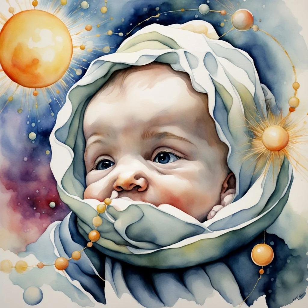 Quantum Serenity: A watercolor depiction of the conception of a baby, illustrating the interplay of microscopic quantum particles and DNA at the molecular level, embodying calmness in action.”