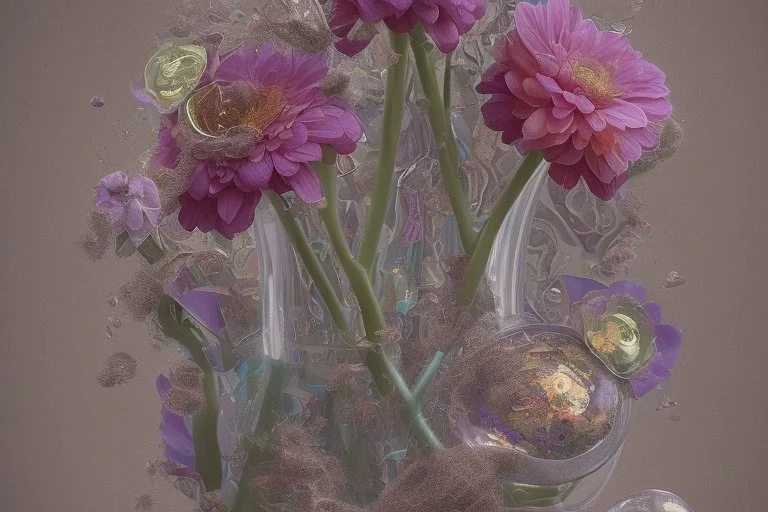 flowers, blur 5%, double exposure, merged layers, in the first part (near to us) of the picture you can see a plain sandblown smoked glass, engraved with a folk art pattern, the glass is cracked in several places, in some places the glass is broken, crumpled burlap, through it you can see a tropical rainforest with a waterfall, mist, tooth, sunrise