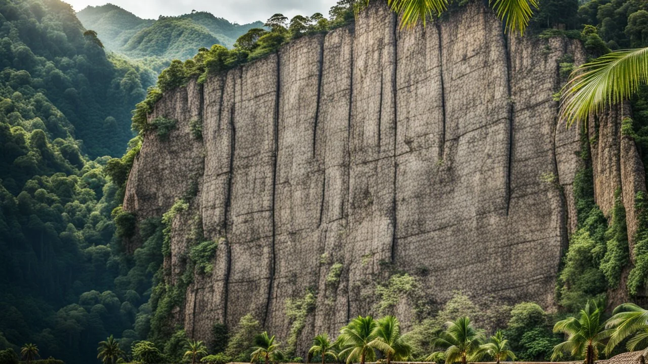 flat wall of rock in the jungle at the foot of the mountain