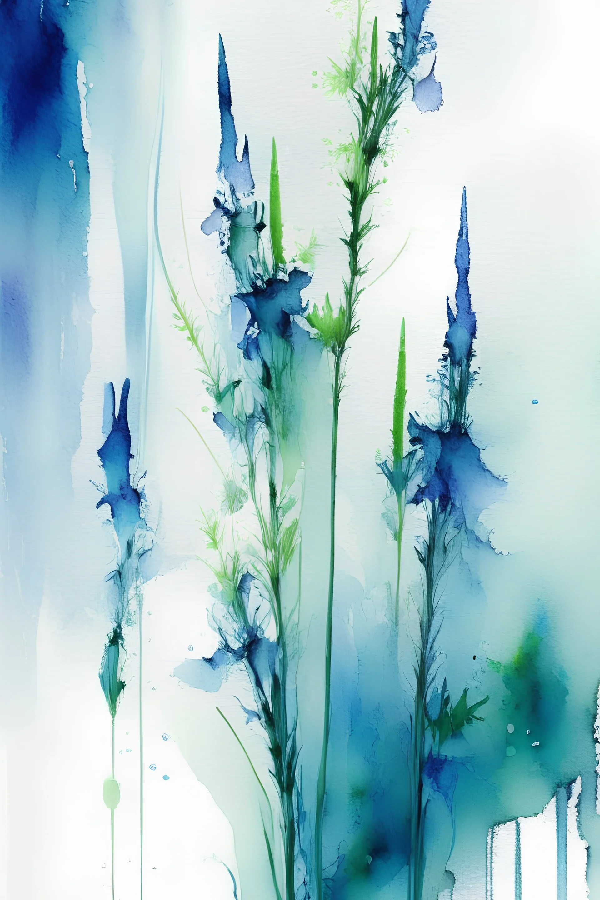 Abstract wet watercolour, blue green stalks delphiniums, centered