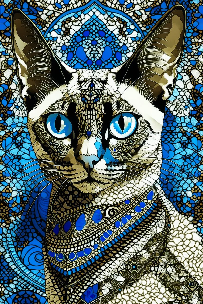 mesmerizing cinematic illustration of a regal sphinx-like Siamese cat, portrayed with masterful technique using a palette knife. The cat's captivating blue eyes hold a sense of enigma, while its lustrous silver and jewel-toned coat adds an air of elegance and sophistication. The intricate detailing of the cat's scales evokes the style of Gustav Klimt, and the pristine white background provides a striking contrast, enhancing the cat's beauty, power, and mystique. The painting's movement and depth