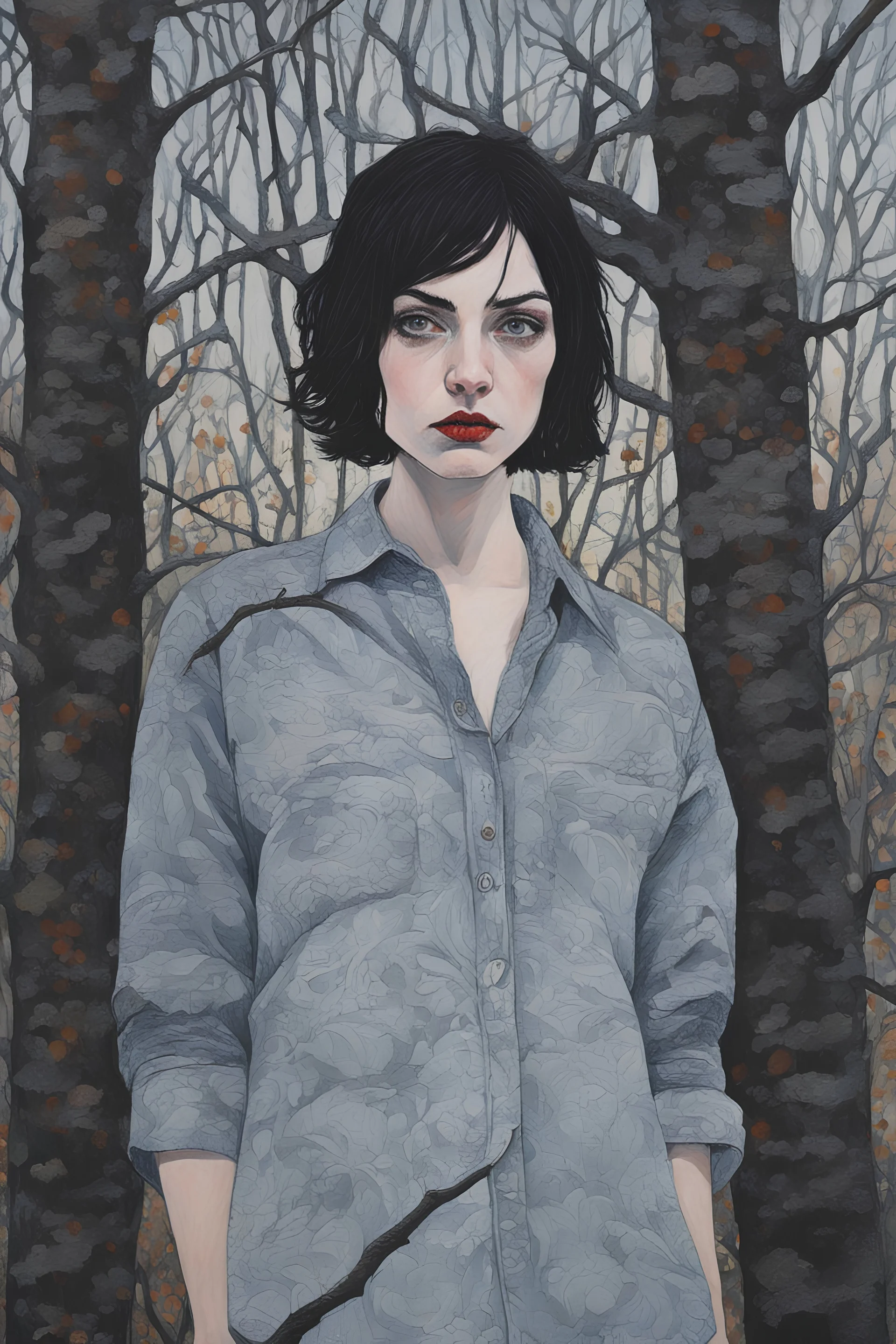 A fine art painting by Hope Gangloff of a very attractive and unusual beautiful young female vampire with pale skin and short messy tangled jet black hair, intense reflective eyes stare directly into our eyes, dark circles under eyesa faint smile on her lips, hyperrealistic chiracsuro shading technique, cast shadows of tree branches fall across her face