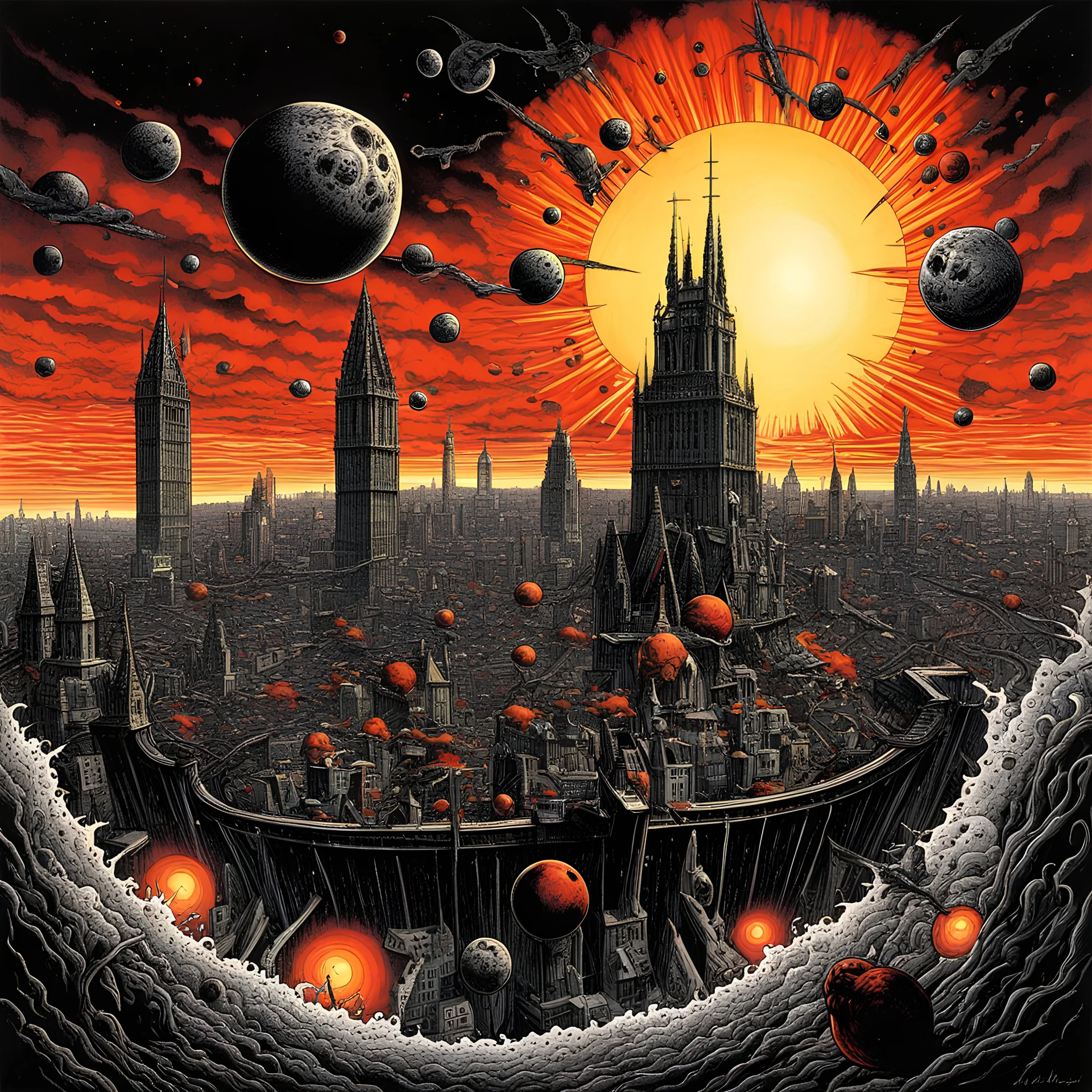 Infernal armada over London, just a ball spinning round the sun, horror surrealism, by Brian Bolland, by Dan Seagrave, by Philippe Druillett, maximalism, expansive hellscape, smooth, nightmarish, brilliant dark colors, crimson and black, infernal surreal sunset, ink illustration, Bolland's visceral style, dramatic