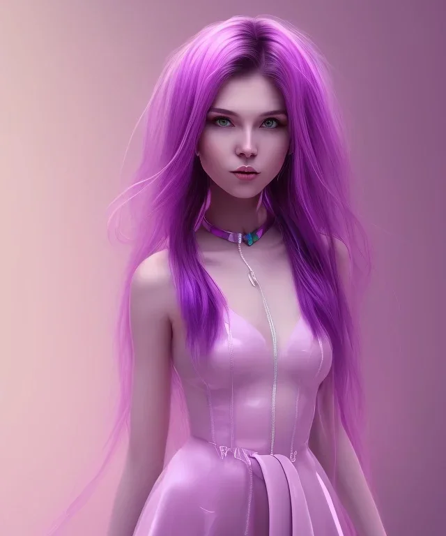 cute purple haired human girl with bright green eyes wearing purple/pink dress