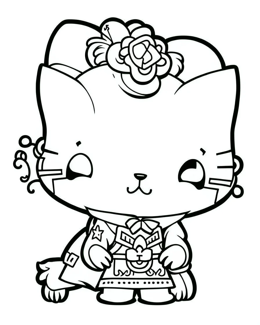 outline art for real Hello Kitty coloring page, Japanese manga style, cartoon style, cute face, white background sketch style, full body is a must, only use outline, clean line art, no shadow, bold outline