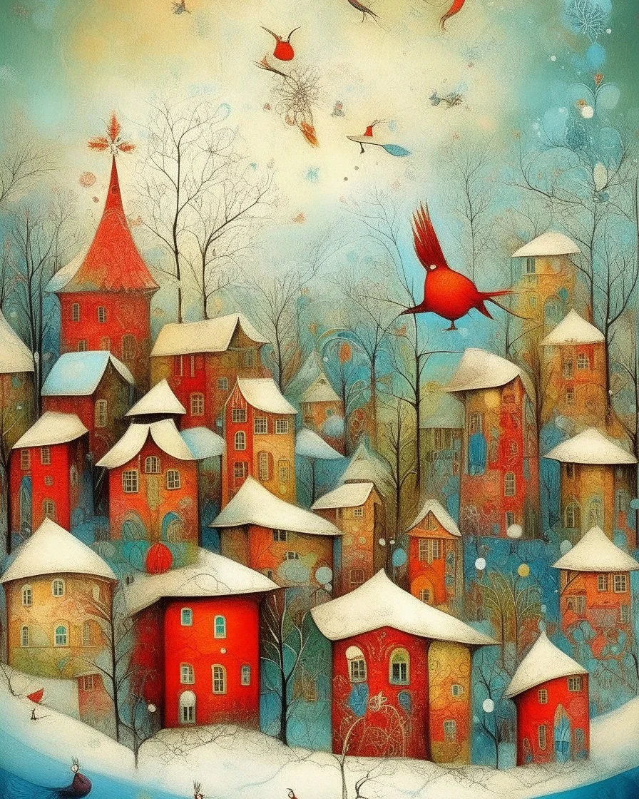 dance of snow-covered, whimsical, multicoloured houses of incredible architecture, bizarre Christmas trees and red, whimsical birds. Style of Inge Shuster, Catherine Hyde, Erica Hopper, Gabriel Pacheco, Jamie Heiden, Antoine Josse , Angelina Wrona, Duy Huyn, Cecilia Frigati, Esao Andrews. Abstract background with texture, grunge paper, mixed media art,acrylic, oil pastel, set of charcoal with different characteristics, pigments. Promt©valestok. Full size image, no text, no copyright. Modifiers:
