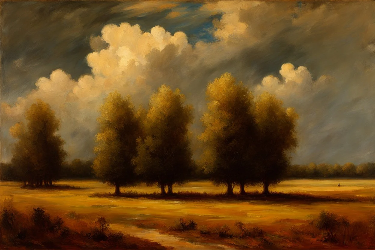 Trees, clouds, 2000's gothic films influence, otto pippel, willem maris and friedrich eckenfelder impressionism painting