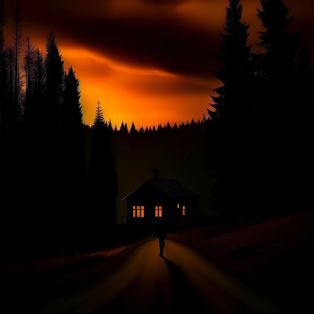 dark night, orange sunset colors in the sky, a lonely cottage with the lights off in the distance on a mountain in the woods, a lonely dark figure walking down the road