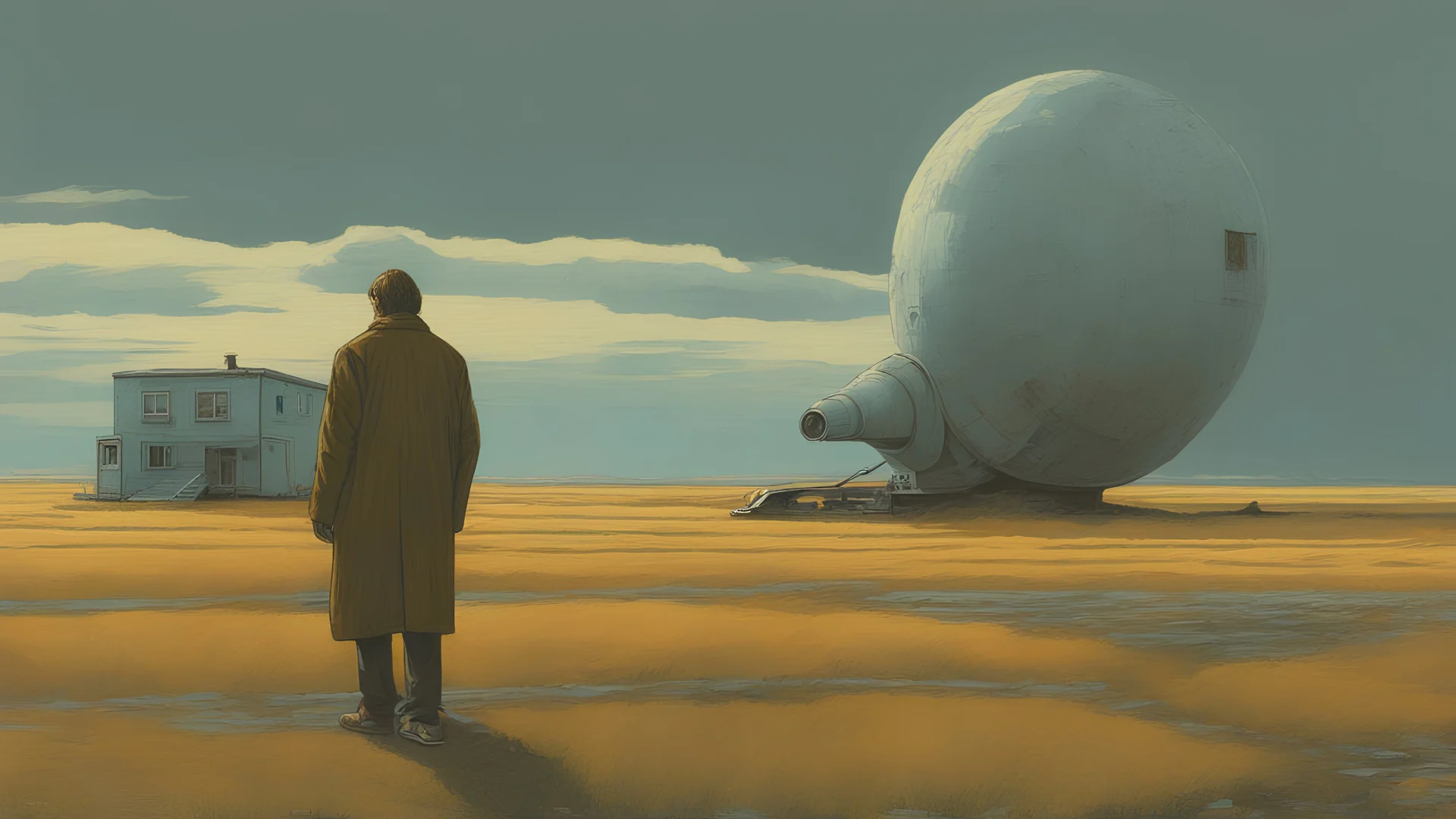 surreal science-fiction painting, Simon Stålenhag, Denis Sarazhin, ominous sky, Alex Colville