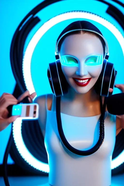 Technological singularity. Fake smile, camera-eyes, cables, selfies, 3D-tiles background, lighted shelf full of heads. Cyber-punk full-mask. Lay figure woman with plastic milky, plank skin. Repugnant behavior. Haute Couture 90's long tippet. Light right. Silver, black, Cyan. Huge headphones. Golden rings and discs. Thick tights, Thick calves, Curved fell, Wide hip. Nature. Sweat, tears and blood. Cows outside