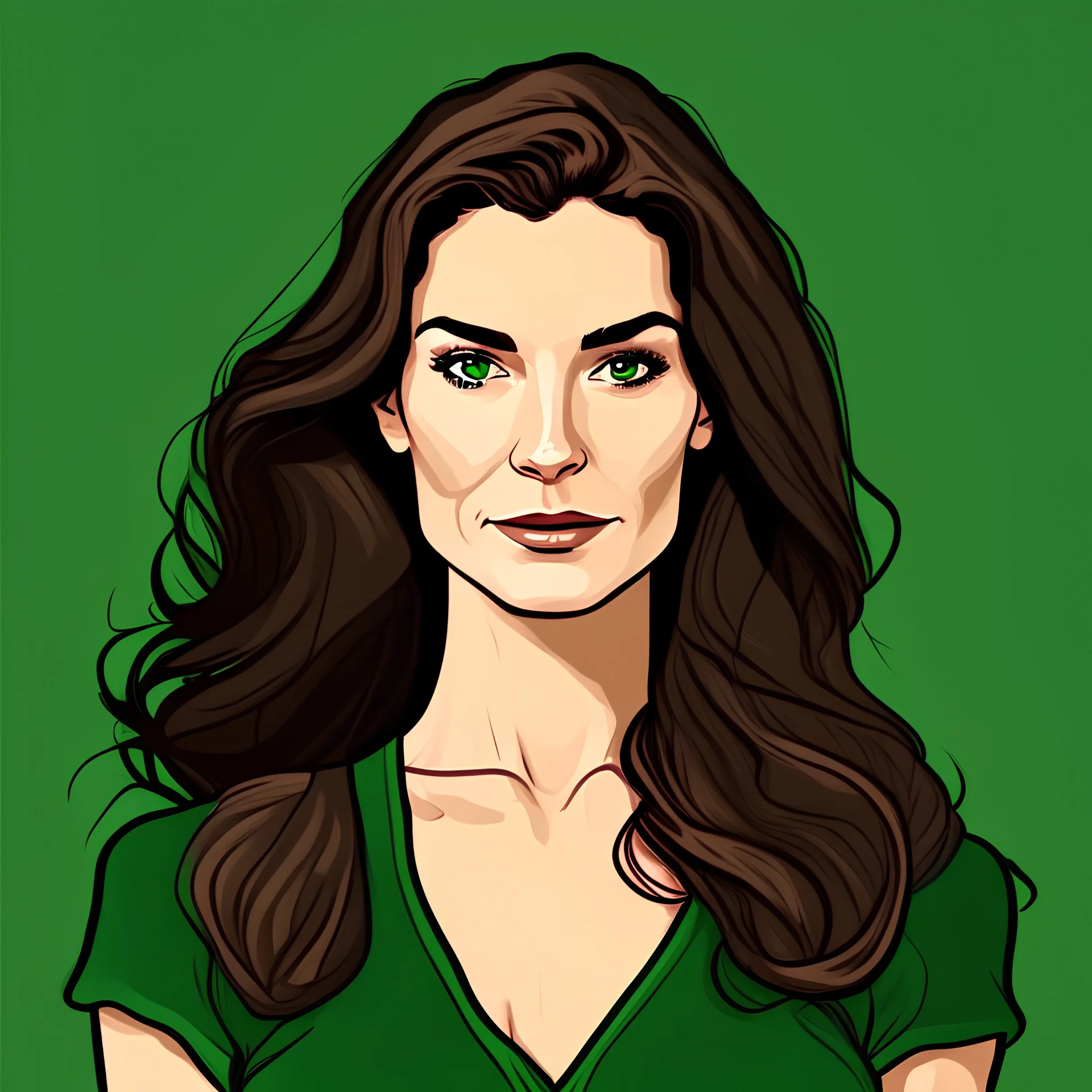 2d Illustration of a 27 year old beautiful American woman, front view, flat single dark green background