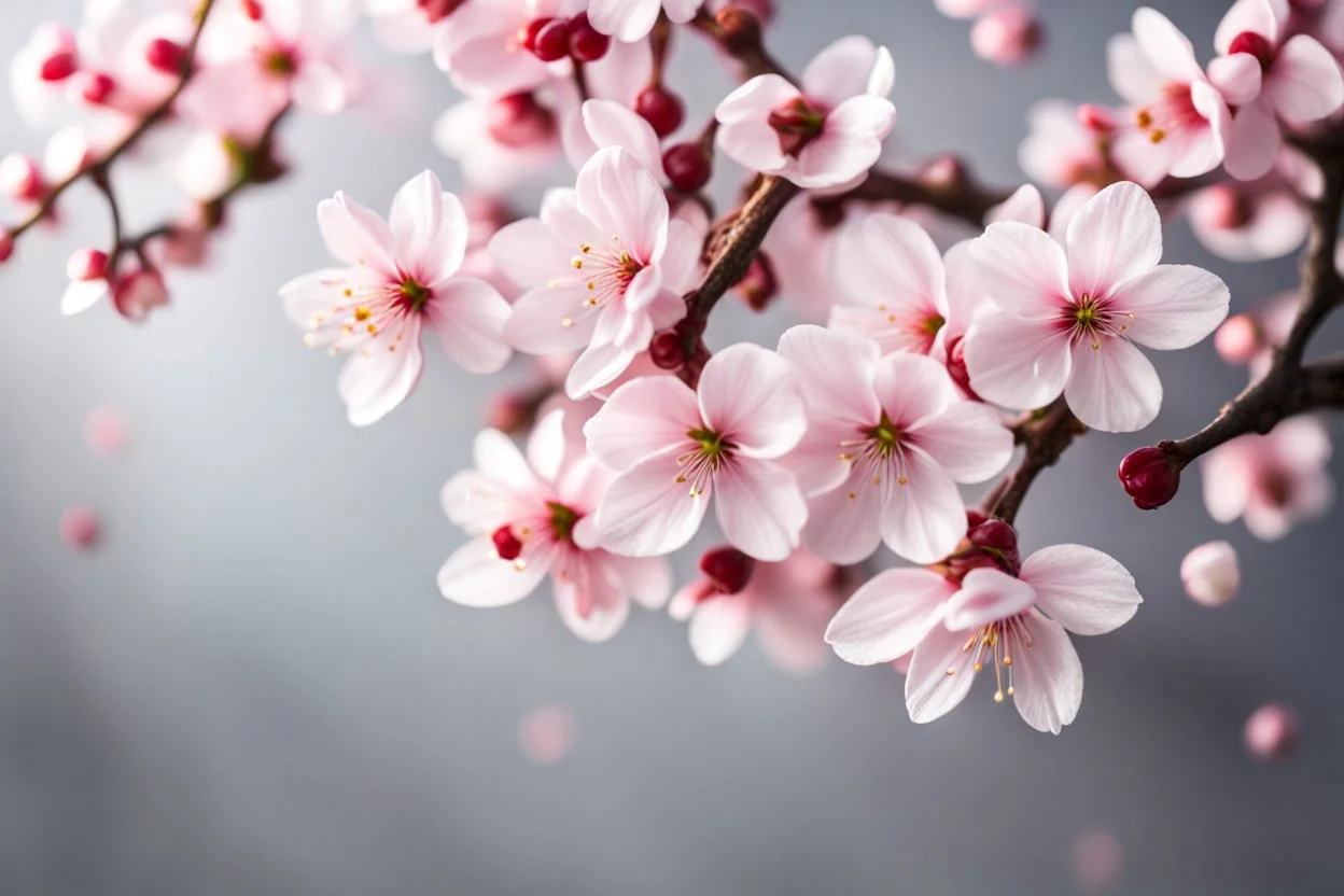 fantastic light pin gray background with four bunches of cherry blossoms on blurred background