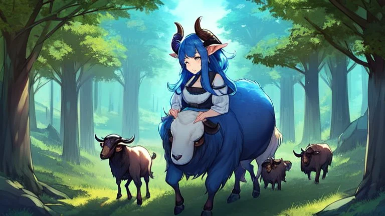 Girl, blue hair, goat horns, clearing in forest, goat foot.