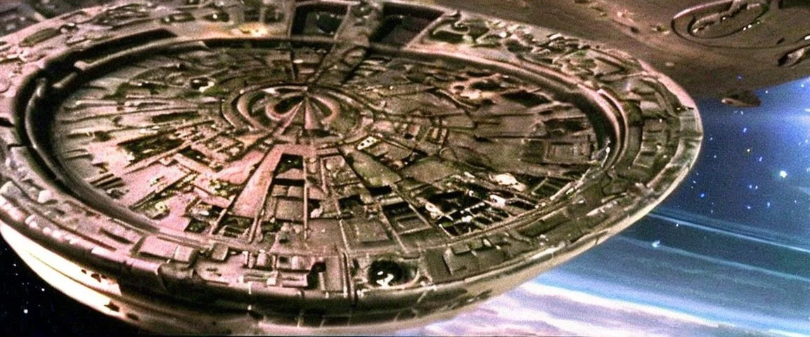 a screen capture from a star trek movie of a battle-damaged starship enterprise IN the year 2380 IS IN A BATTLE with monster ufos sci-fi meticulous, highly-polished, photorealistic, studio production, intricately detailed, GALACTIC, directed by gene Roddenberry, move saucer section forward and nacelles back