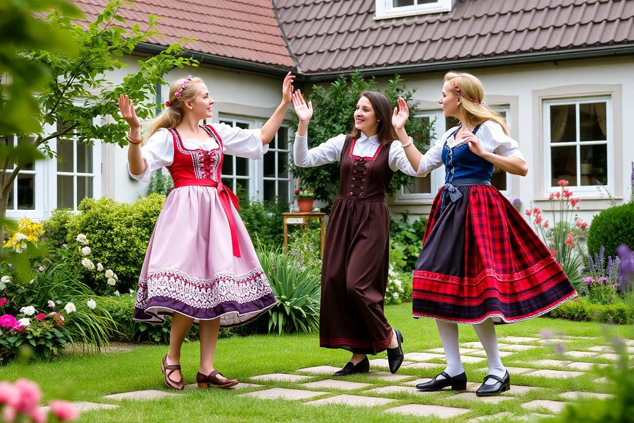 beautiful girls in German folk custom dancing in a modern villa garden yard